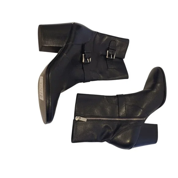 Michael Kors Black Leather 2 Buckle Mid Calf Boots Size 11 Block‎ Heel Moto - Picture 4 of 9